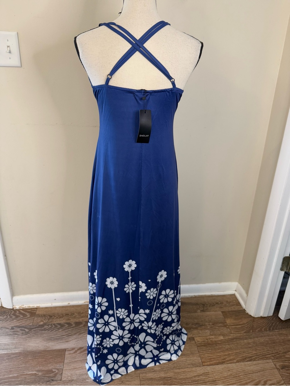 Sheilay floral daisy & blue white maxi dress swim coverup boho retro 70s SZ M